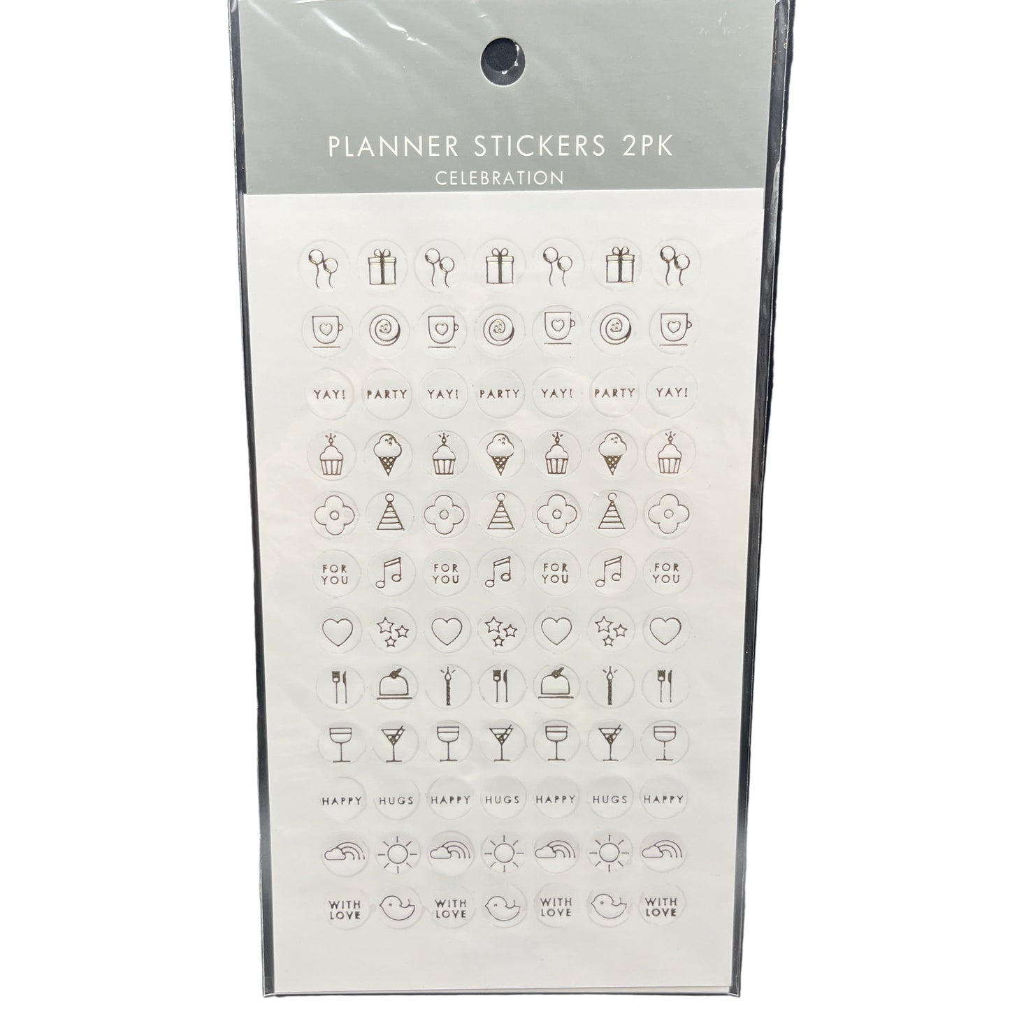 Pack of planner stickers with various symbols on a white background