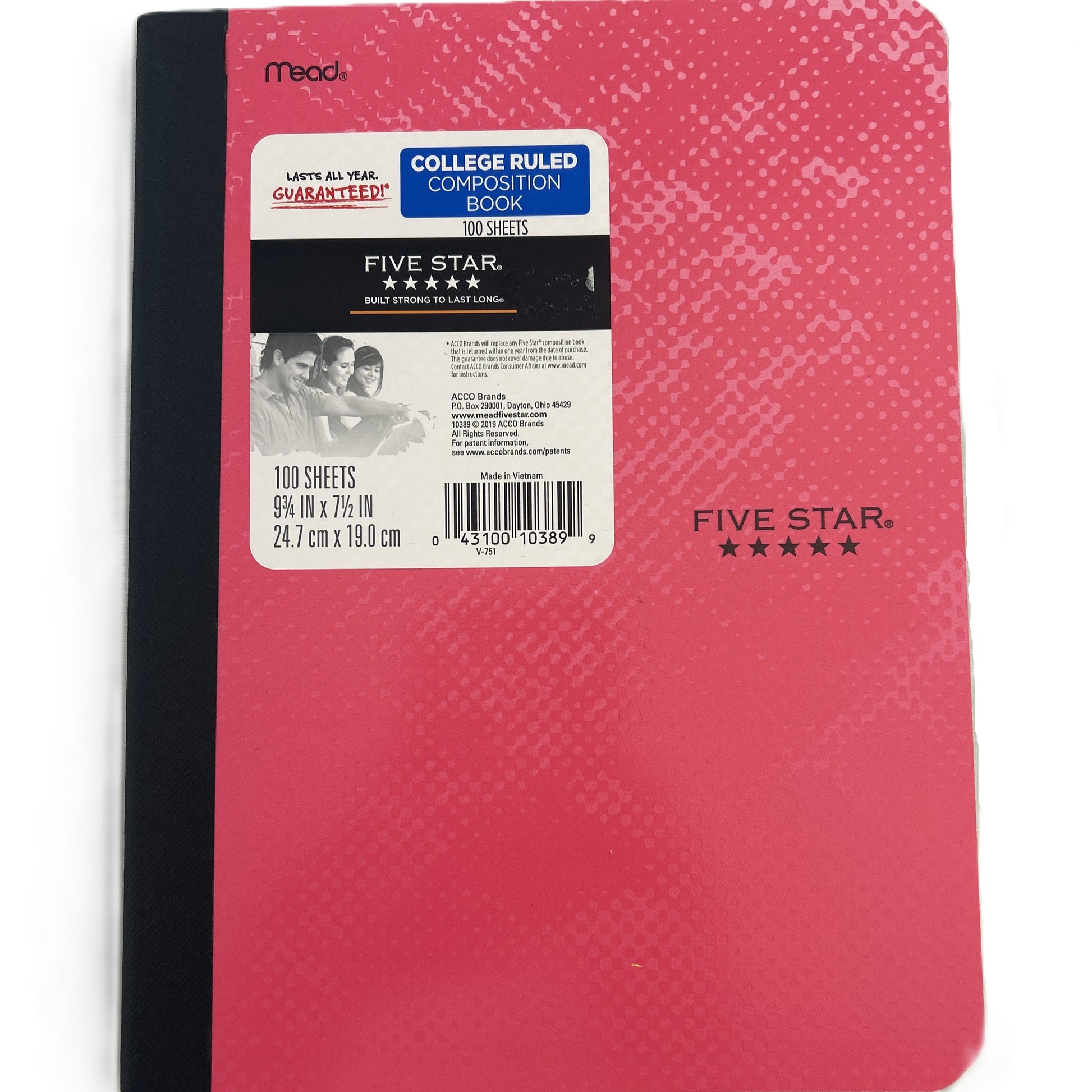 Pink Five Star composition book with a label on a white background