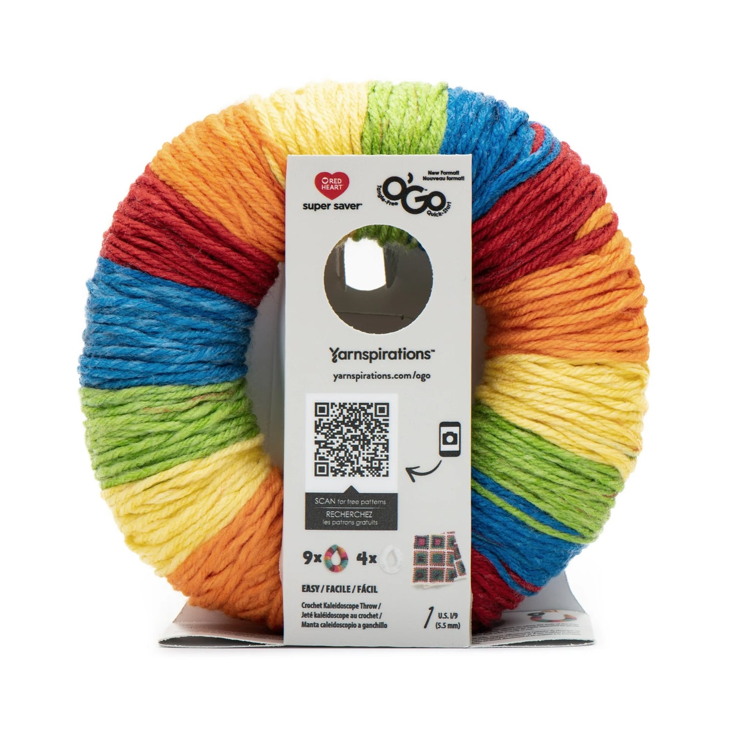 Multicolored yarn skein with a label on a white background