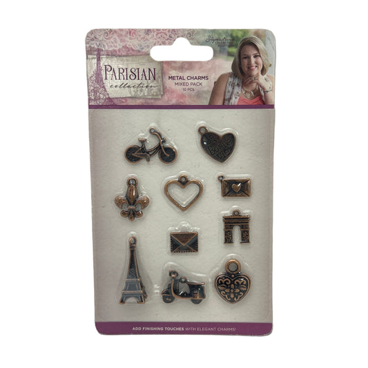Packaging of metal charms with a person's face on the top left corner.
