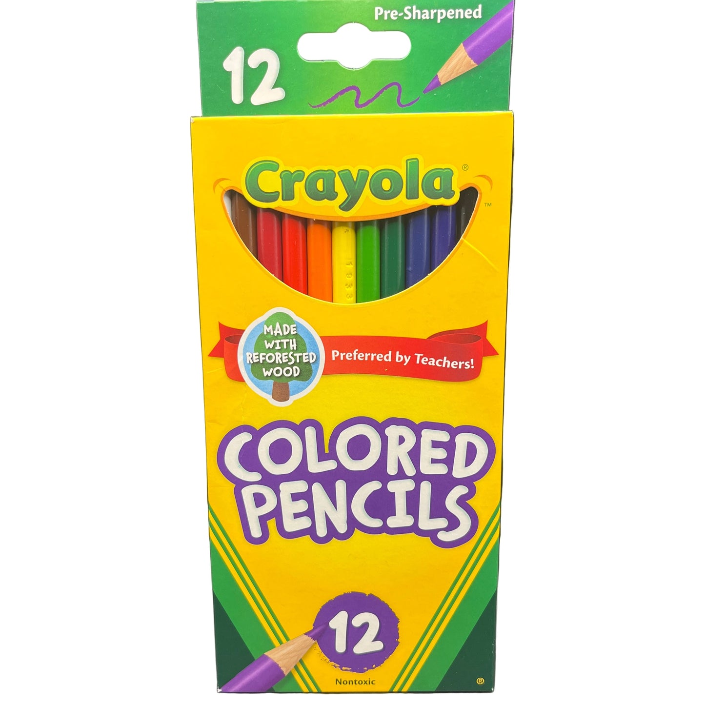 Pack of Crayola colored pencils with a yellow box on a white background