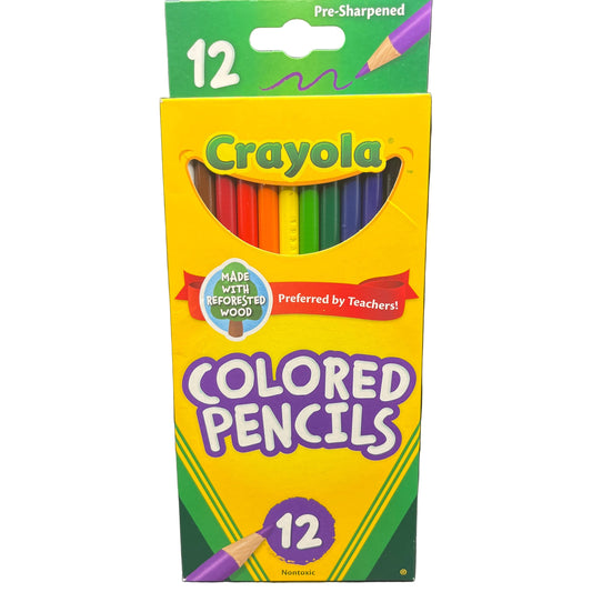 Pack of Crayola colored pencils with a yellow box on a white background