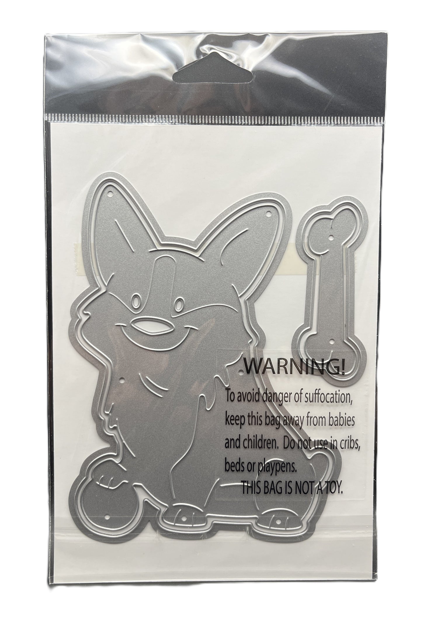 Metallic dog-shaped object with warning text on a clear background