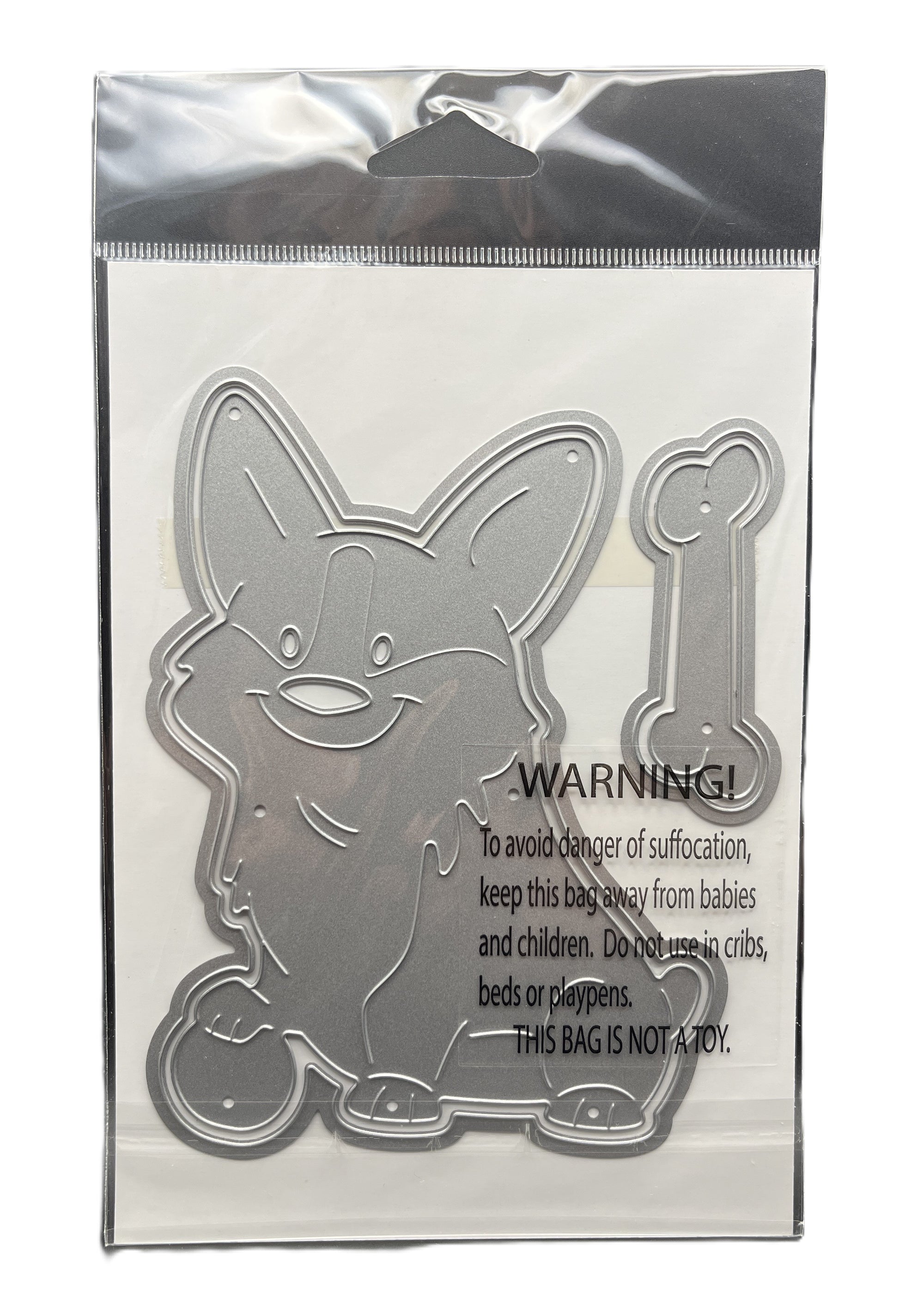 Metallic dog-shaped object with warning text on a clear background