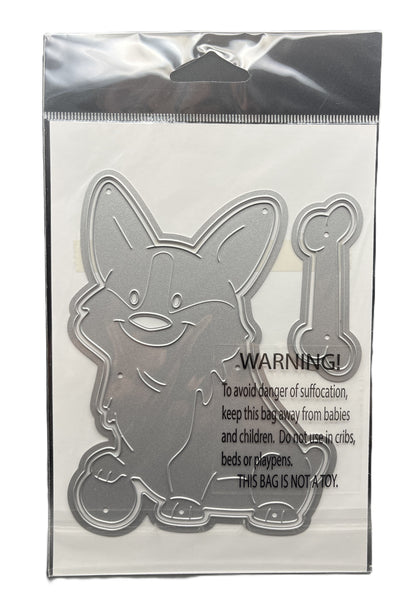 Metallic dog-shaped object with warning text on a clear background