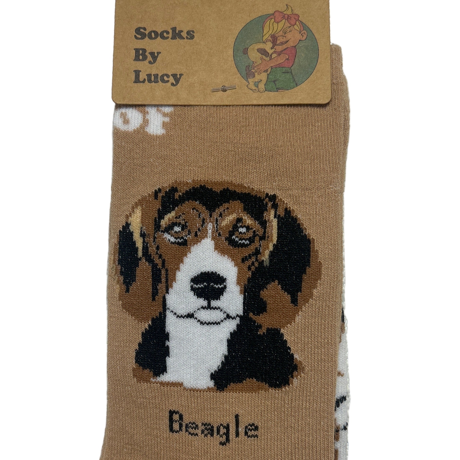 Beige sock with beagle design and brand label on a light gray background