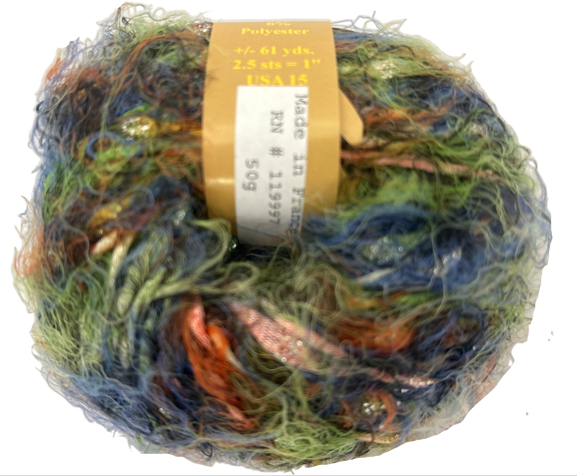 Multicolored yarn ball with a label on a white background