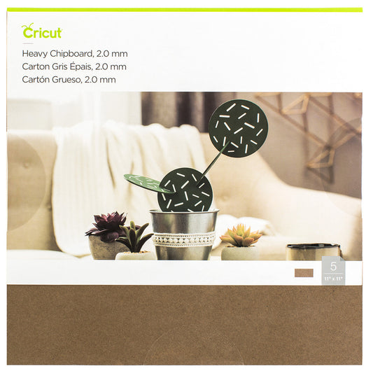 Cricut heavy chipboard packaging with decorative plant design on a neutral background