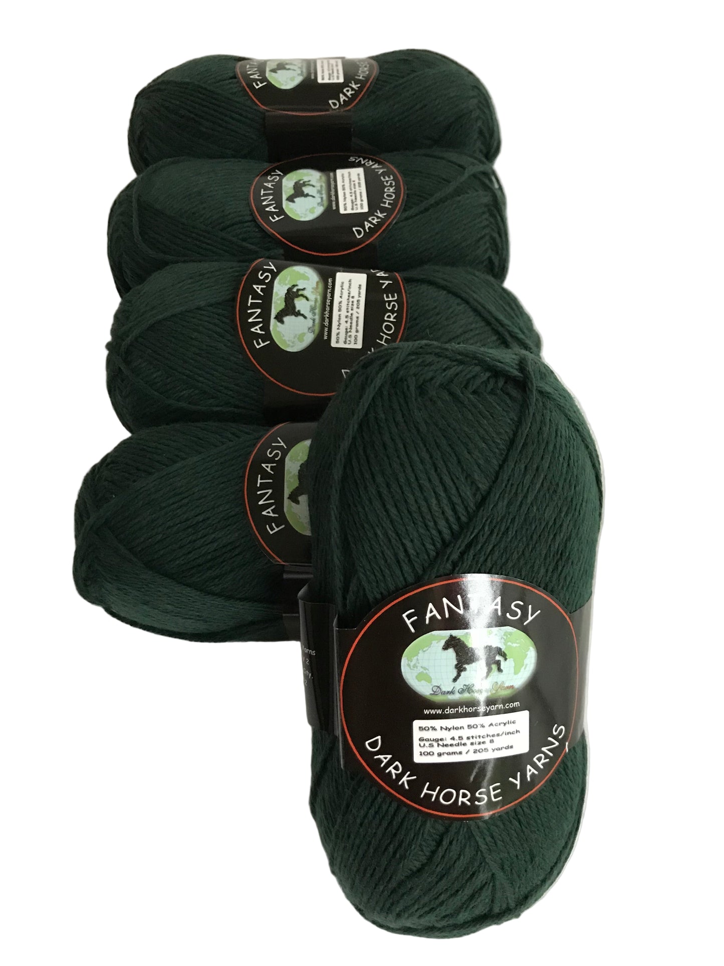 Dark green yarn balls with 'Fantasy Dark Horse' labels on a white background