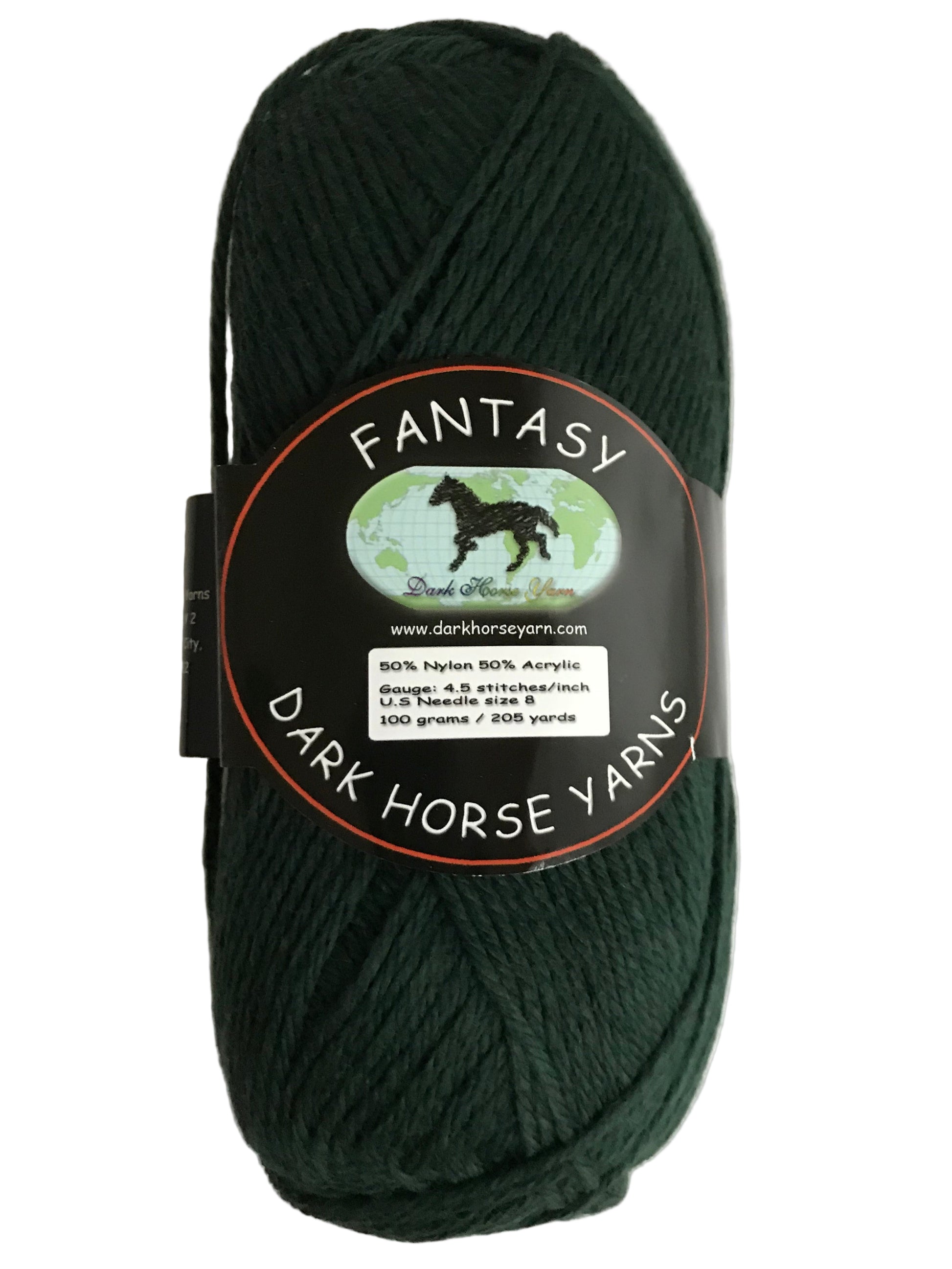 Dark green skein of yarn with 'Fantasy Dark Horse Yarns' label on a light background