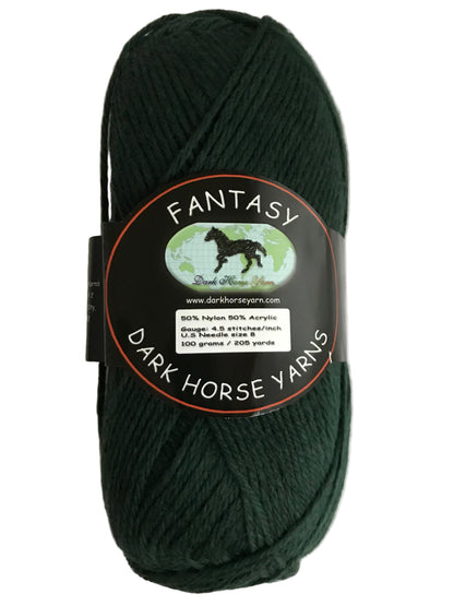 Dark green skein of yarn with 'Fantasy Dark Horse Yarns' label on a light background