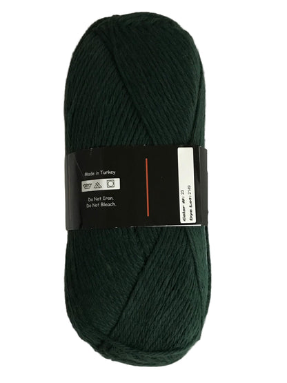 Dark green skein of yarn with a label on a white background
