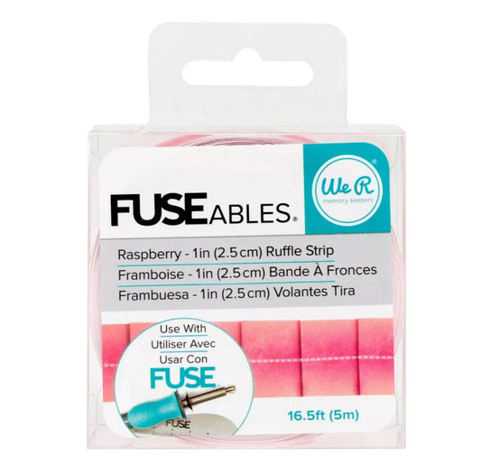 Packaging of Fuse Ables ruffle strip with pink ruffles on a white background