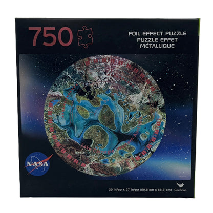 Foil effect puzzle packaging with NASA logo and Earth image