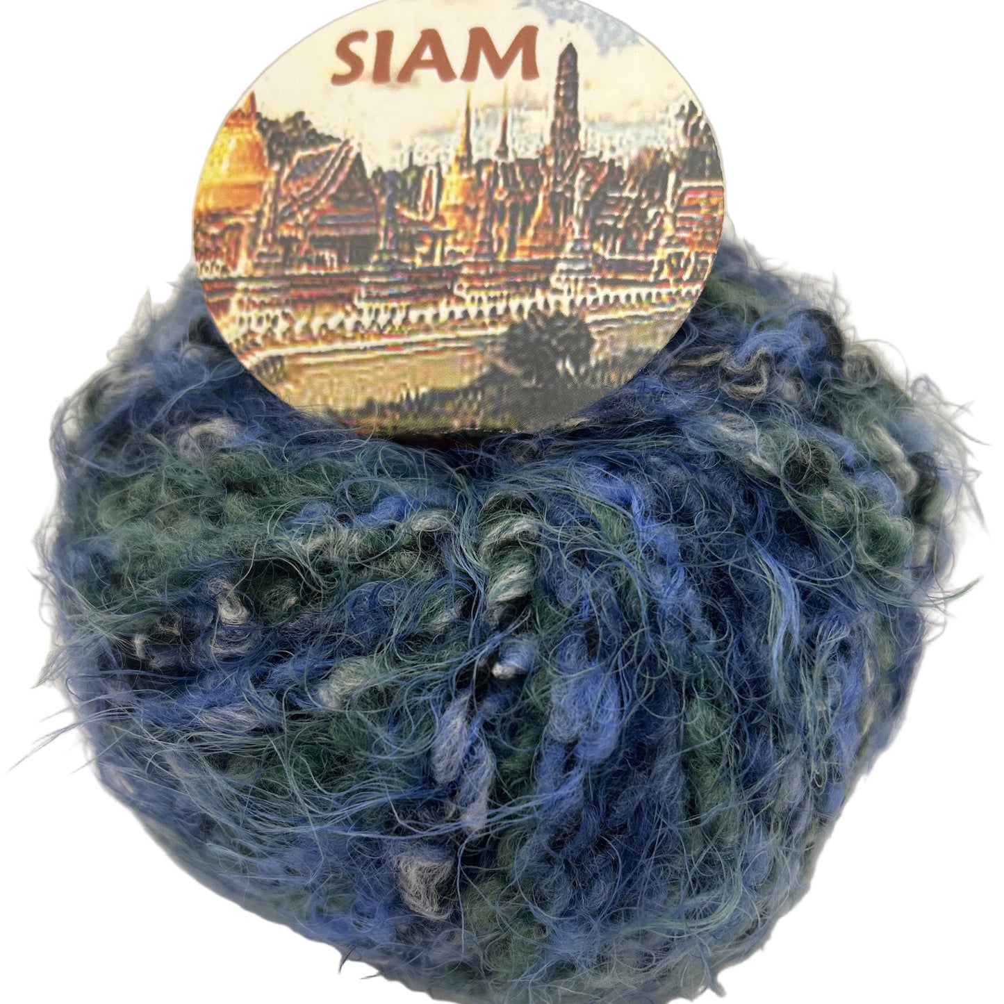 Ball of blue yarn with a 'SIAM' label on a white background