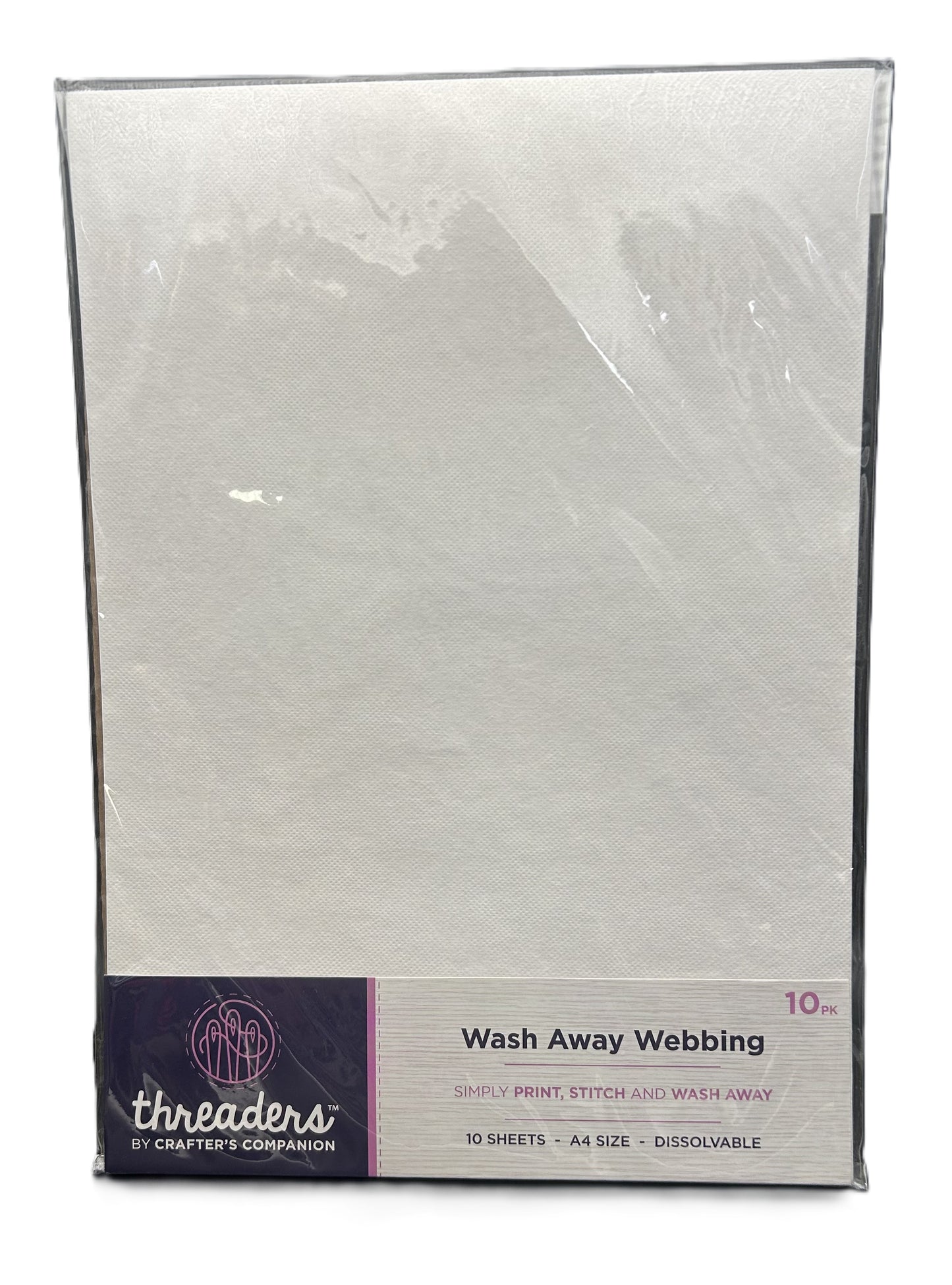 Packaged wash away webbing with 'threaders' branding on a white background