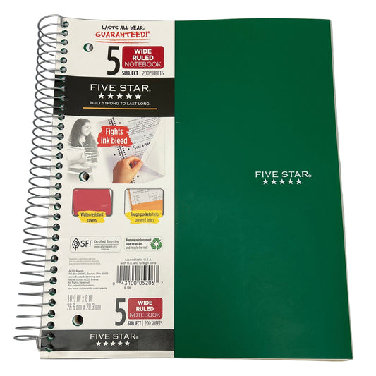 Green notebook with Five Star branding on a white background