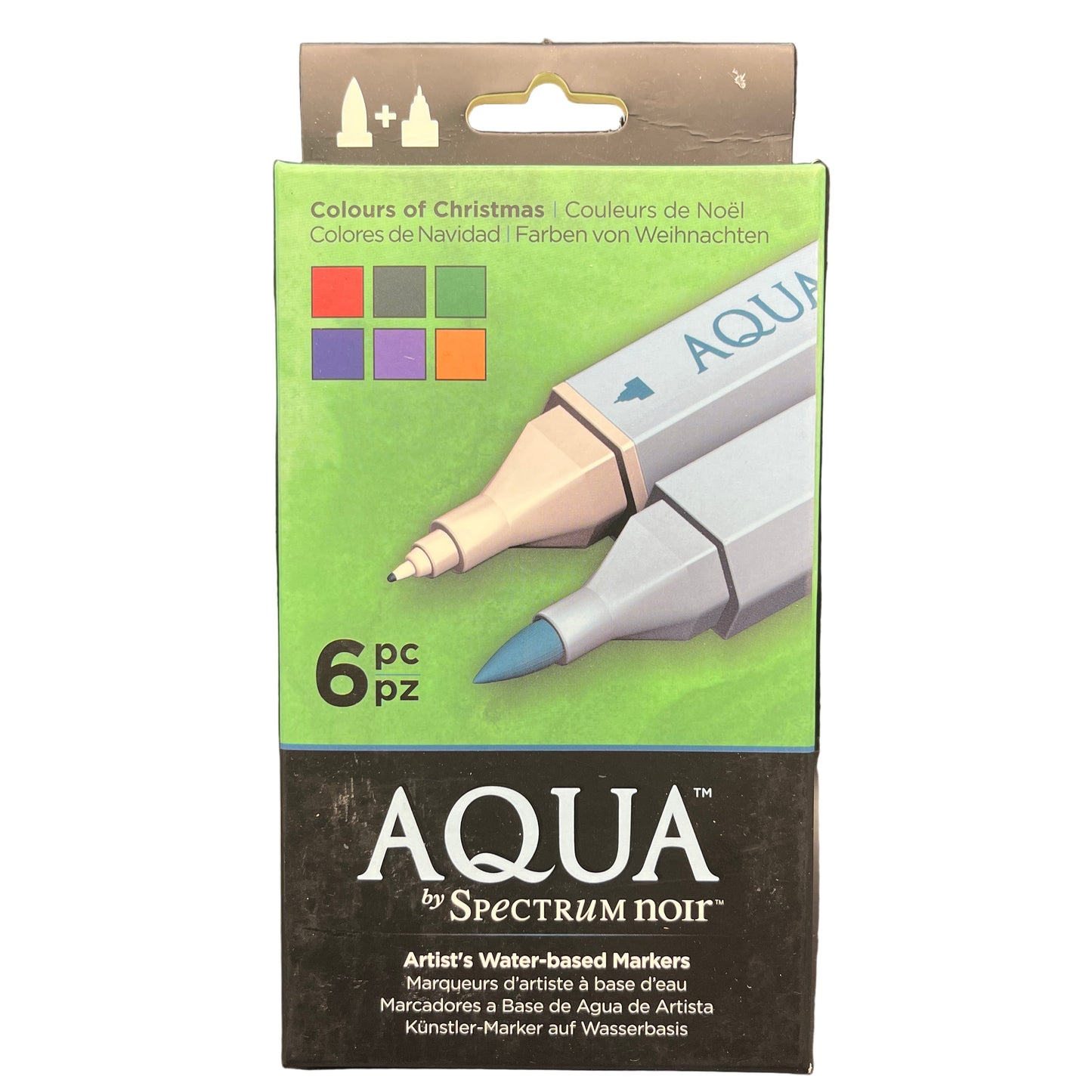 Packaging of Aqua by Spectrum Noir water-based markers with a green background