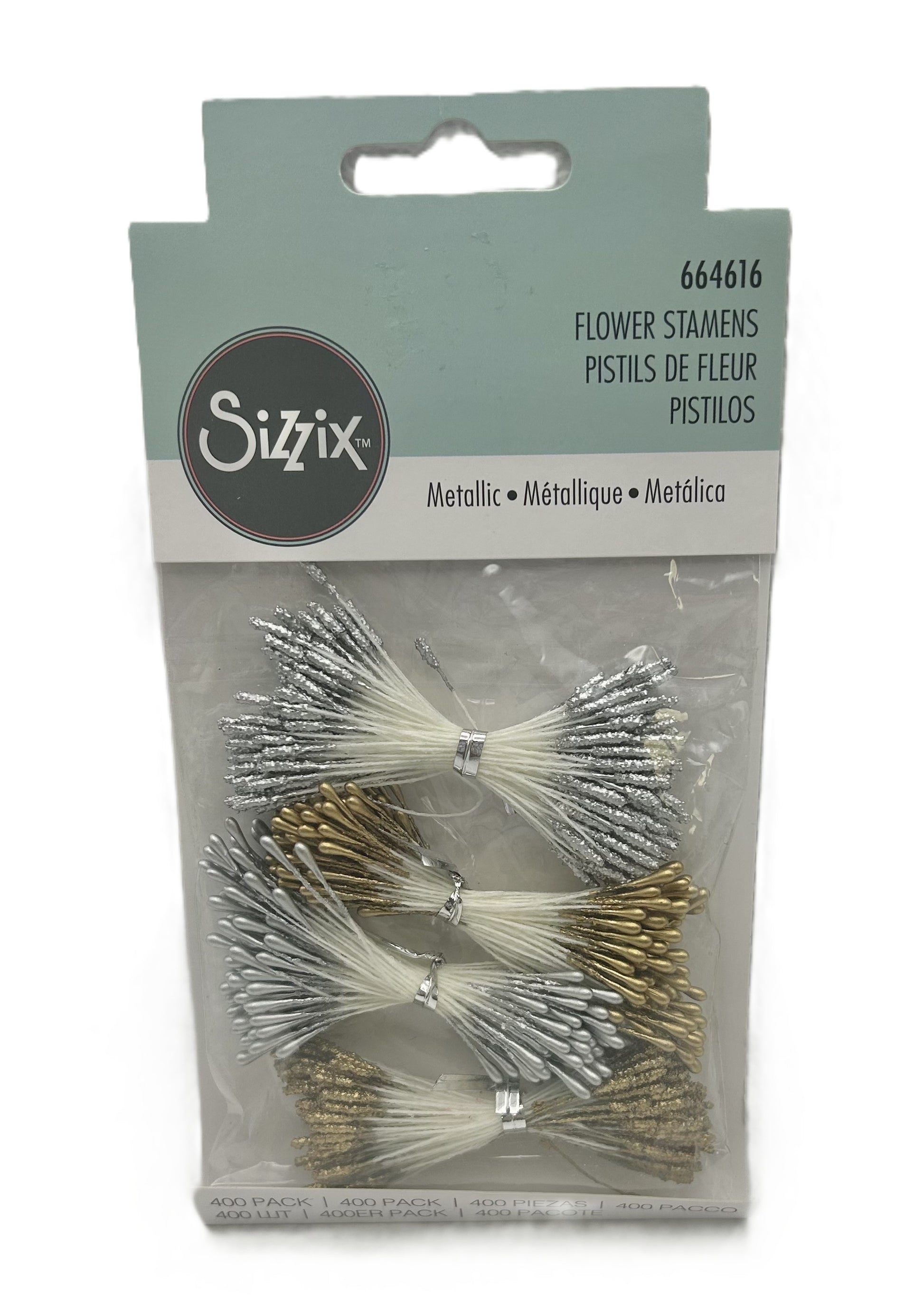 Sizzix flower stamens packaging with metallic and clear stamens on a white background
