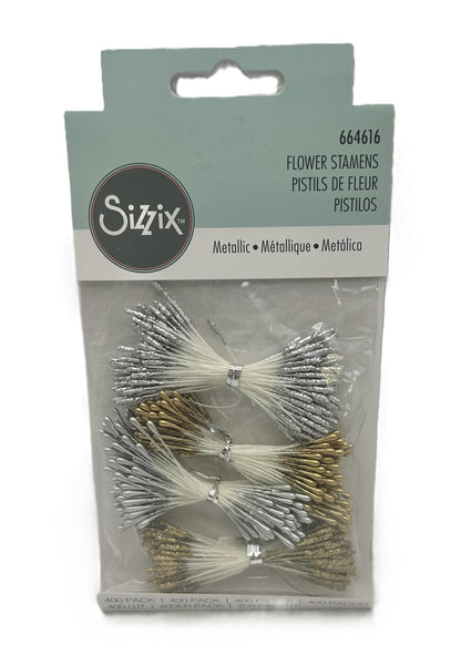 Sizzix flower stamens packaging with metallic and clear stamens on a white background