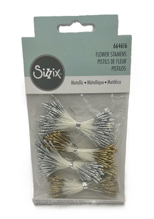 Sizzix flower stamens packaging with metallic and clear stamens on a white background