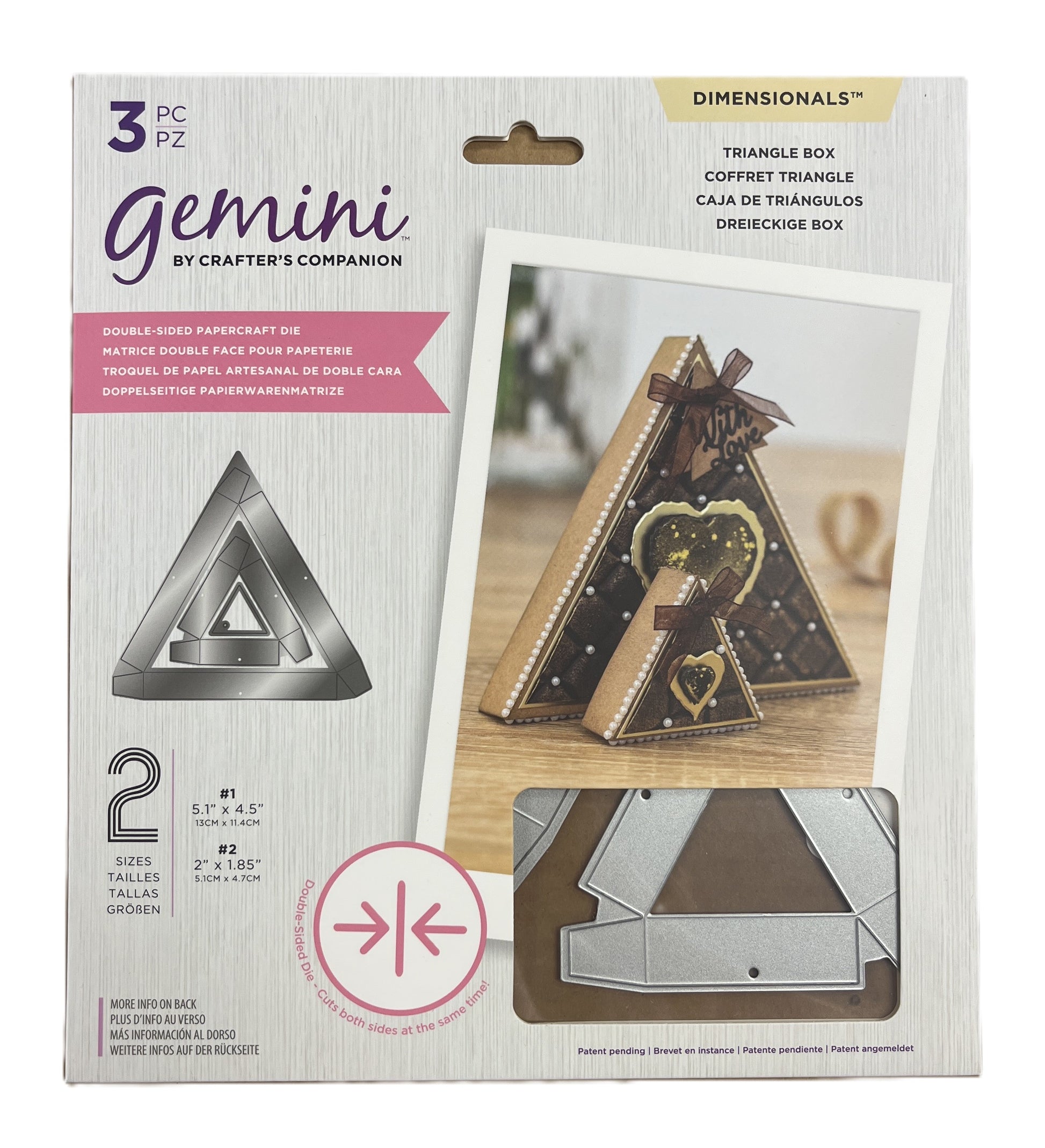 Packaging of Gemini by Crafter's Companion triangle box die set with product image and specifications.