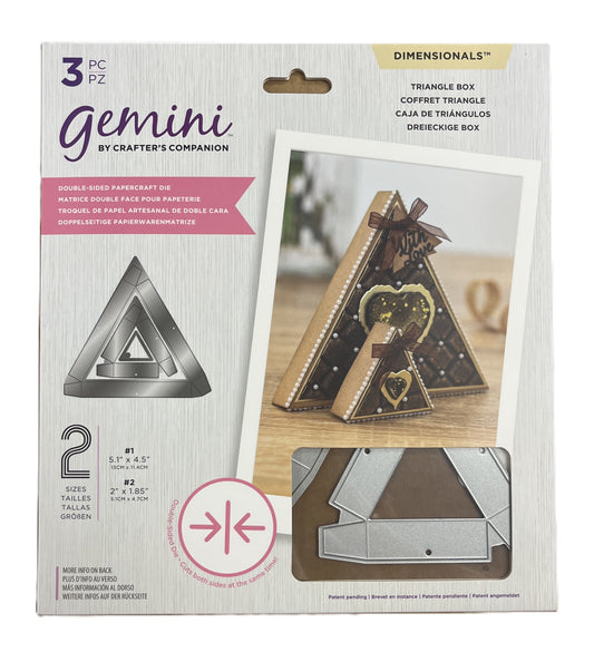 Packaging of Gemini by Crafter's Companion triangle box die set with product image and specifications.