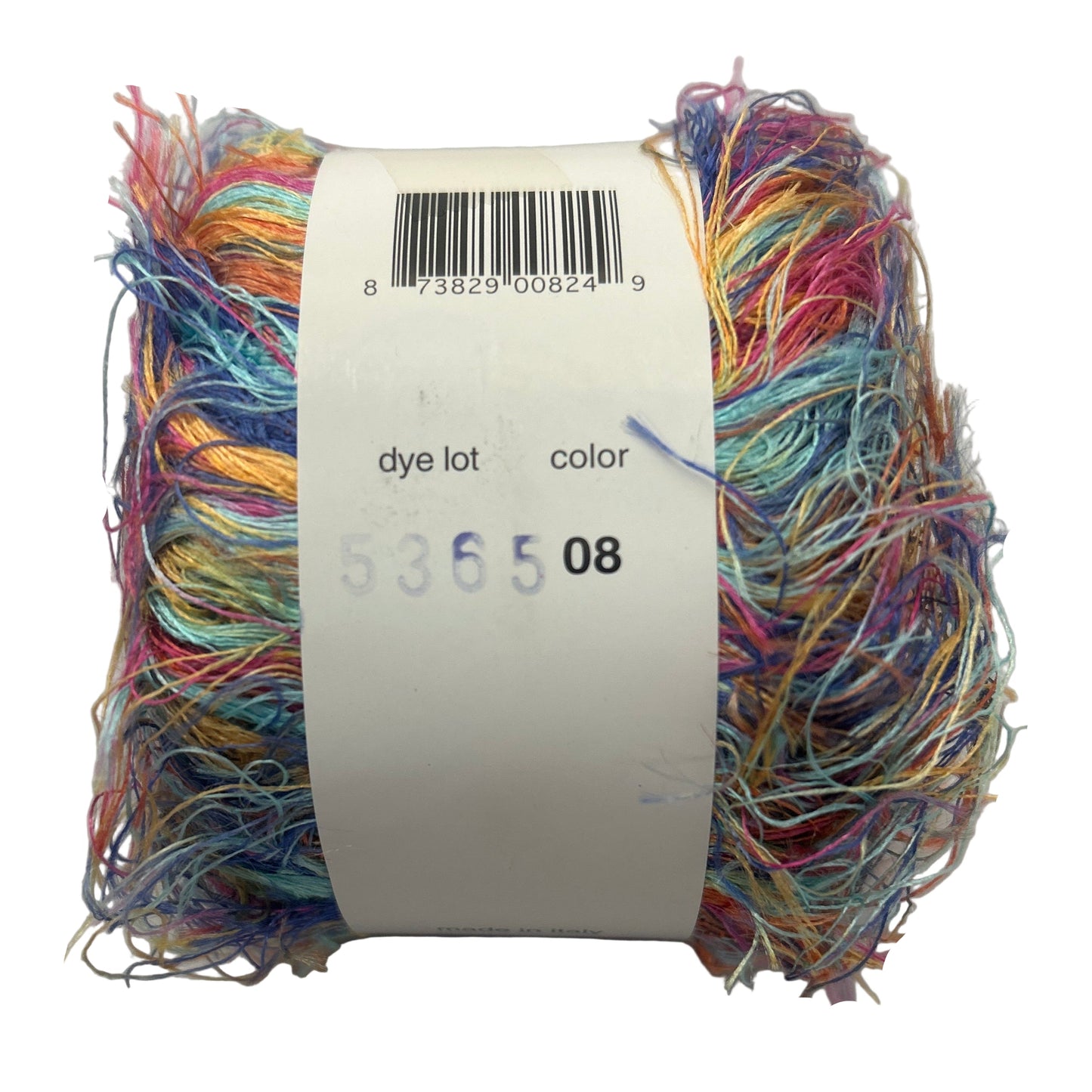 Multicolored skein of yarn with a label on a white background
