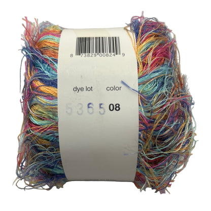 Multicolored skein of yarn with a label on a white background