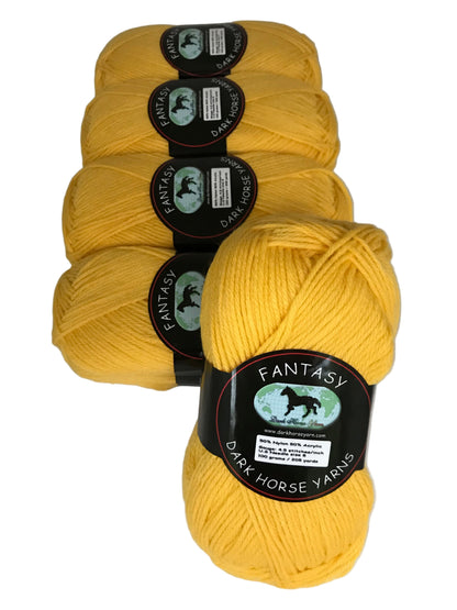 Yellow yarn balls with 'Fantasy Dark Horse Yarns' labels on a white background