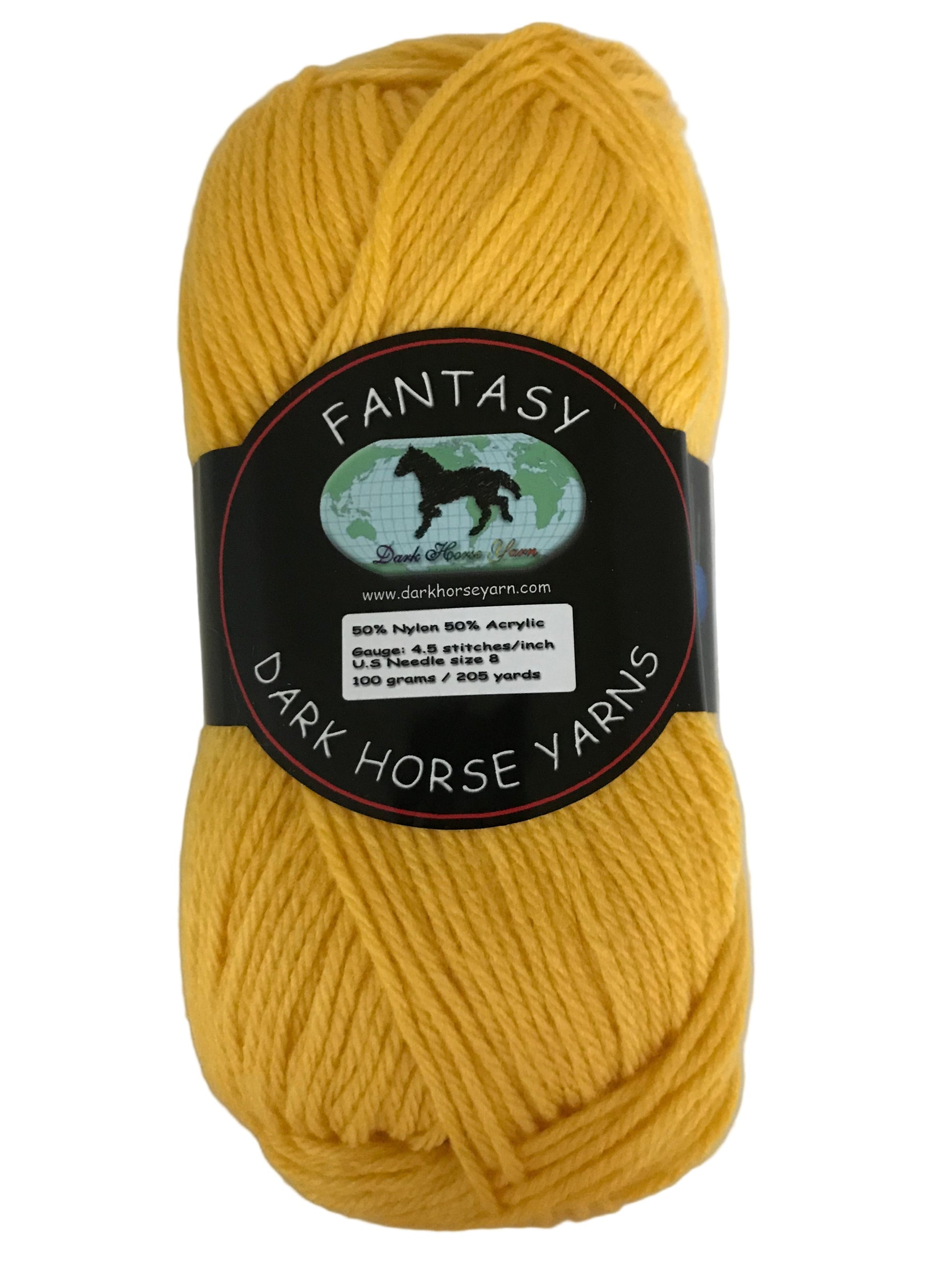 Yellow yarn ball with a Dark Horse Yarns label on a white background