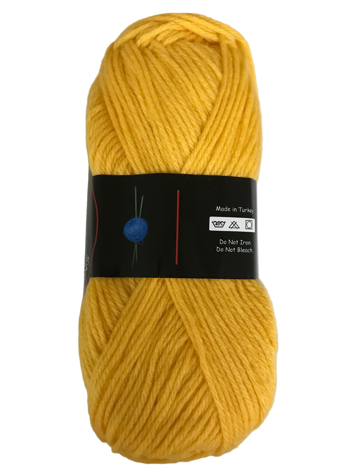 Yellow skein of yarn with a label on a white background