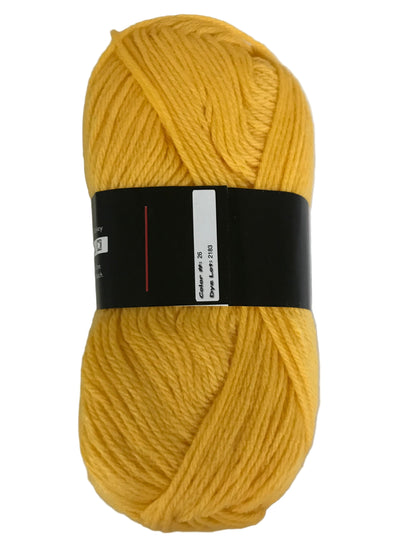 Yellow yarn ball with a black label on a white background