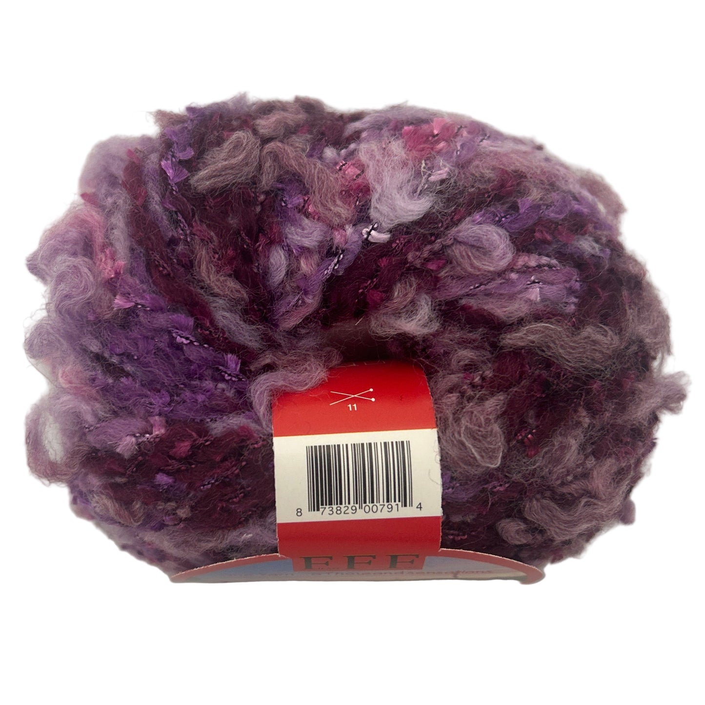 Ball of purple yarn with a red label on a white background