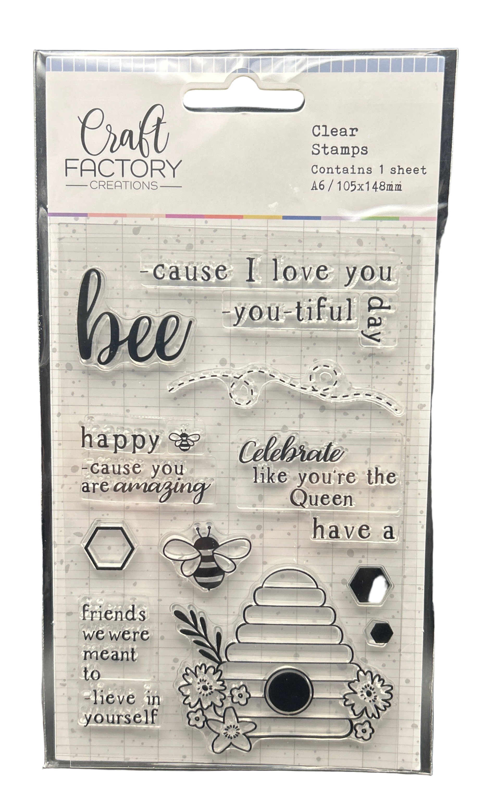Packaged clear stamps with bee-themed designs and text on a white background