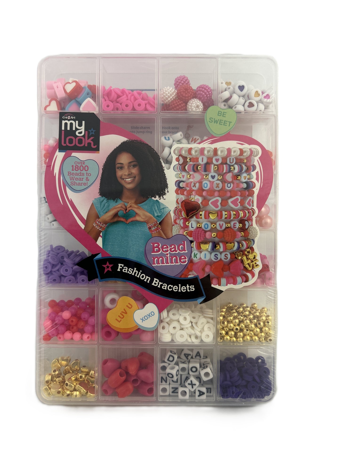 Bead mine fashion bracelet kit with colorful beads and tools in a clear storage box.