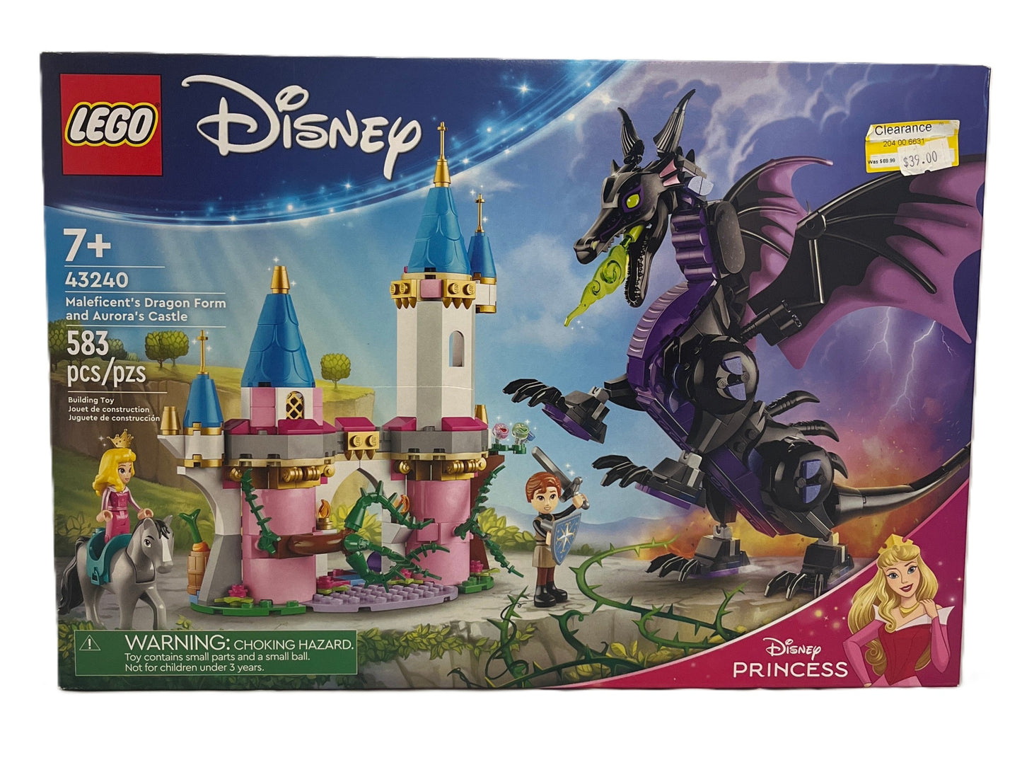 LEGO Disney Princess set packaging with castle and dragon