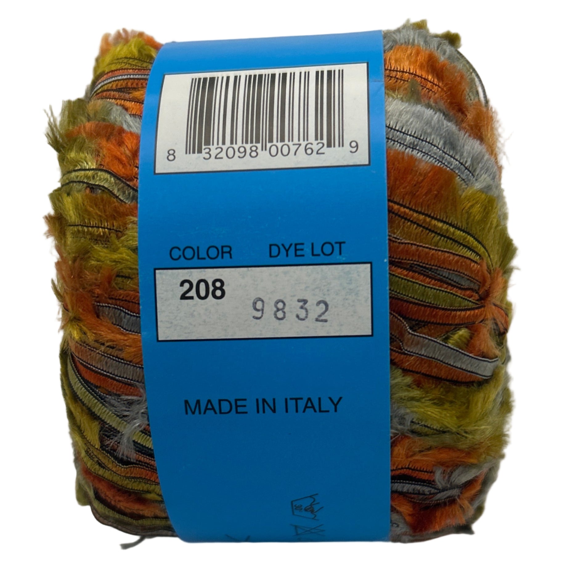 Multicolored yarn ball with a blue label on a white background