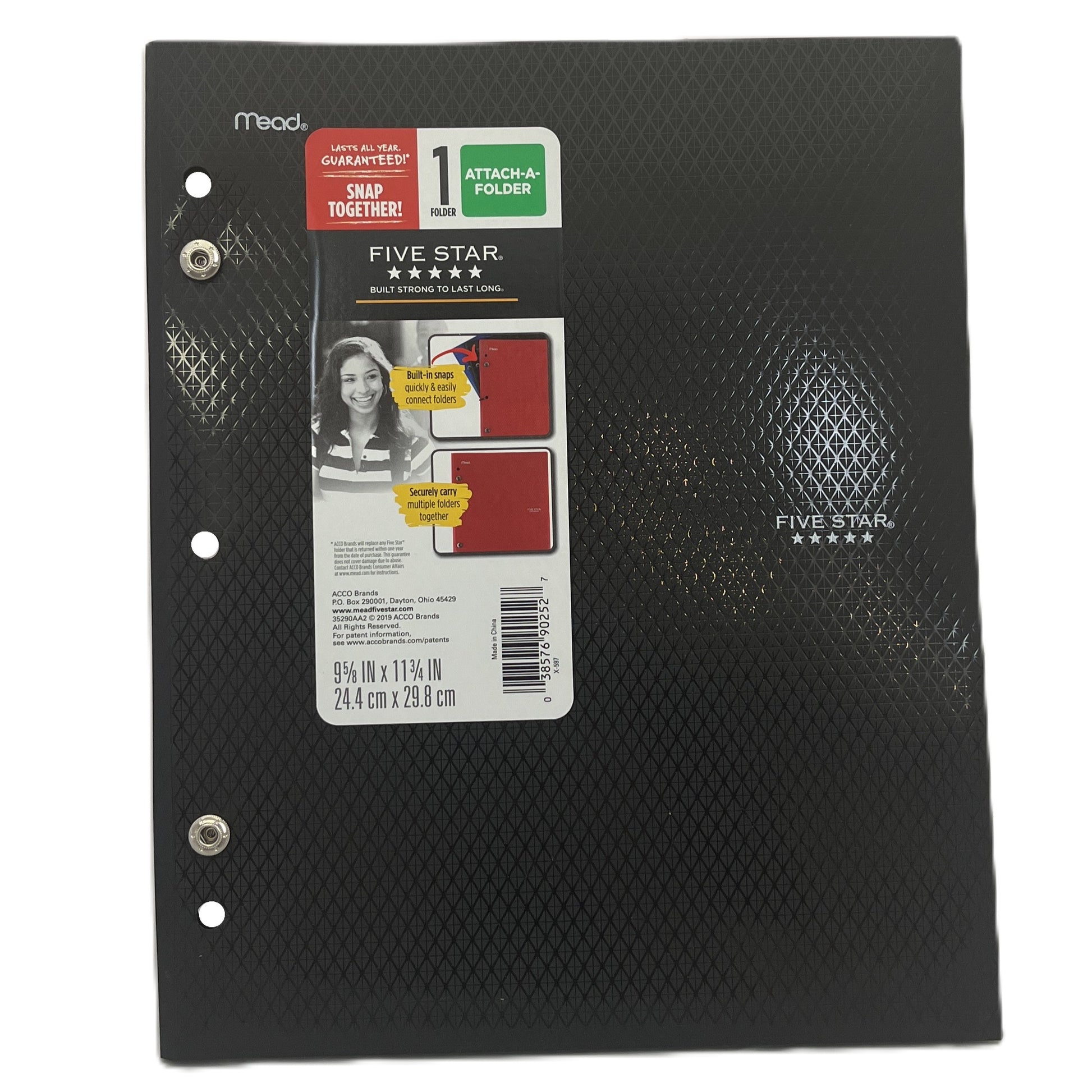 Black Five Star attach-a-folder with a label on a white background