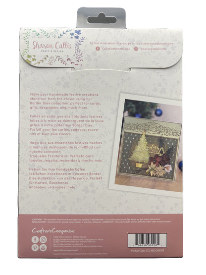 Back of a packaging box for craft supplies with text and a small image of a decorated card.