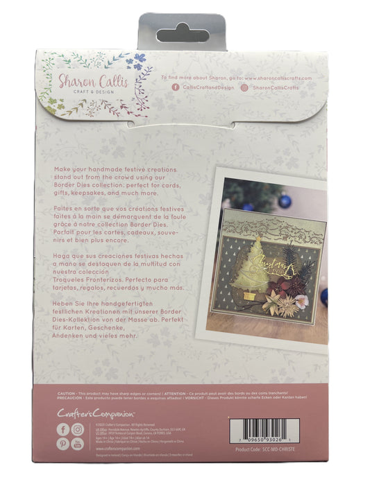 Back of a packaging box for craft supplies with text and a small image of a decorated card.