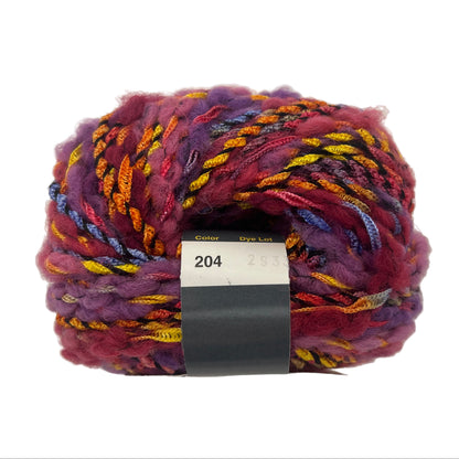 Multicolored skein of yarn with a label on a white background