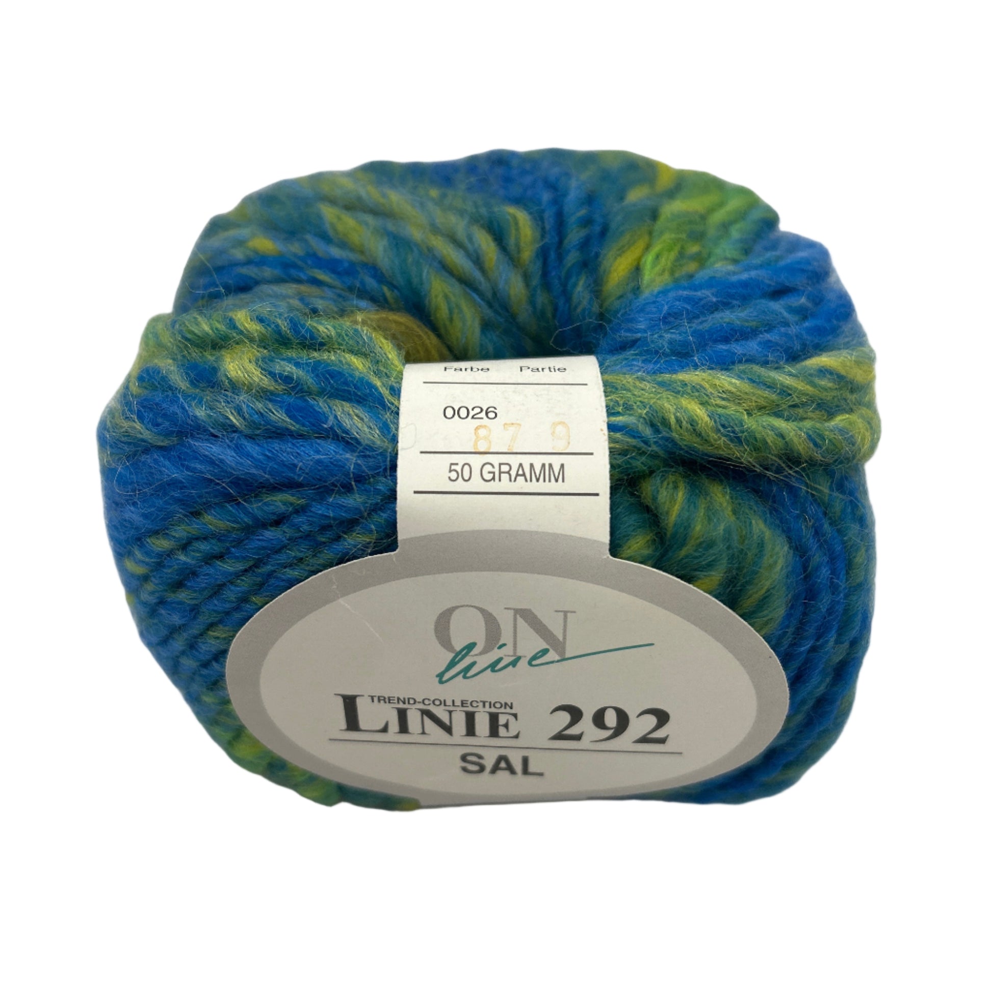 Blue and green yarn ball with a label on a white background