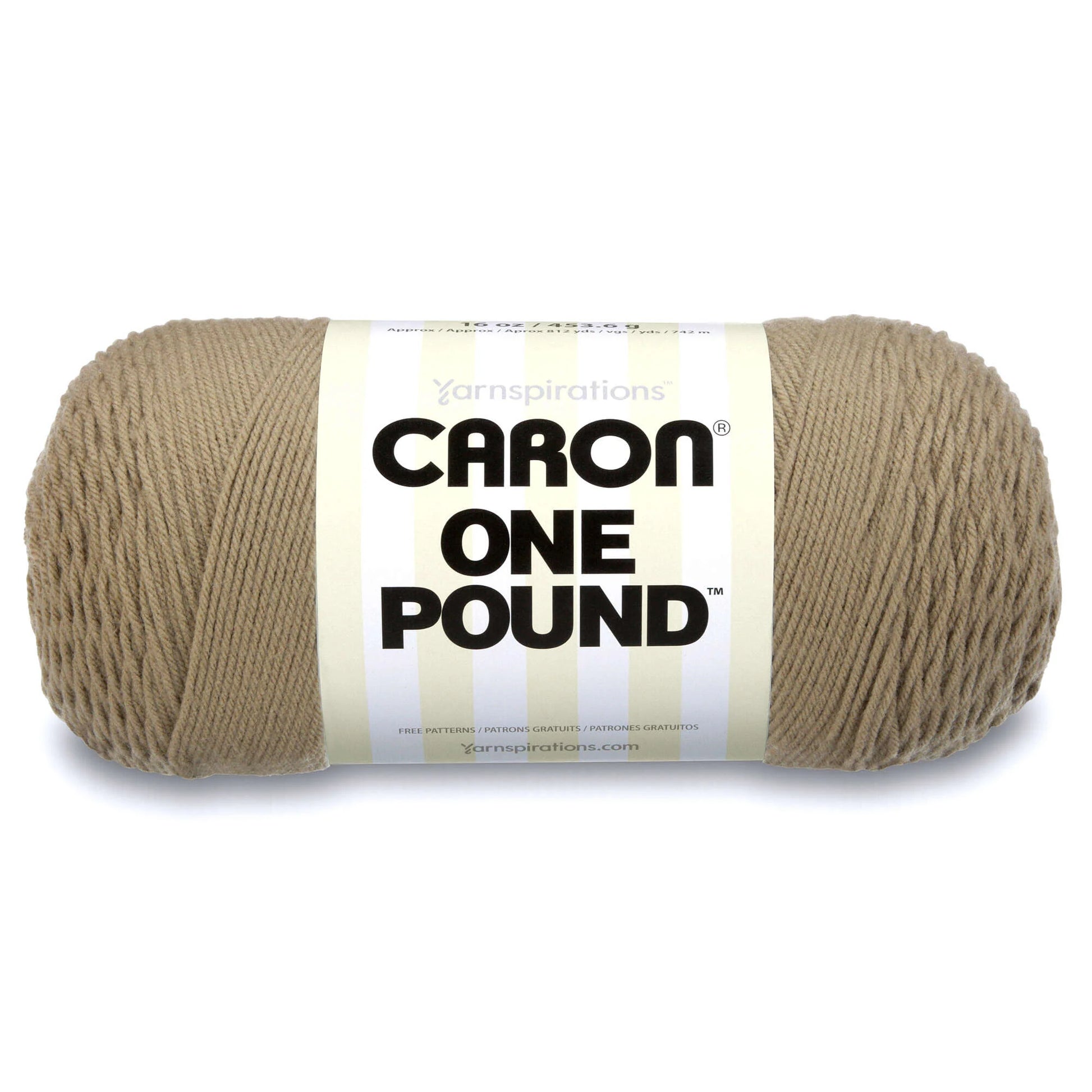 Ball of yarn with Caron One Pound label on a white background