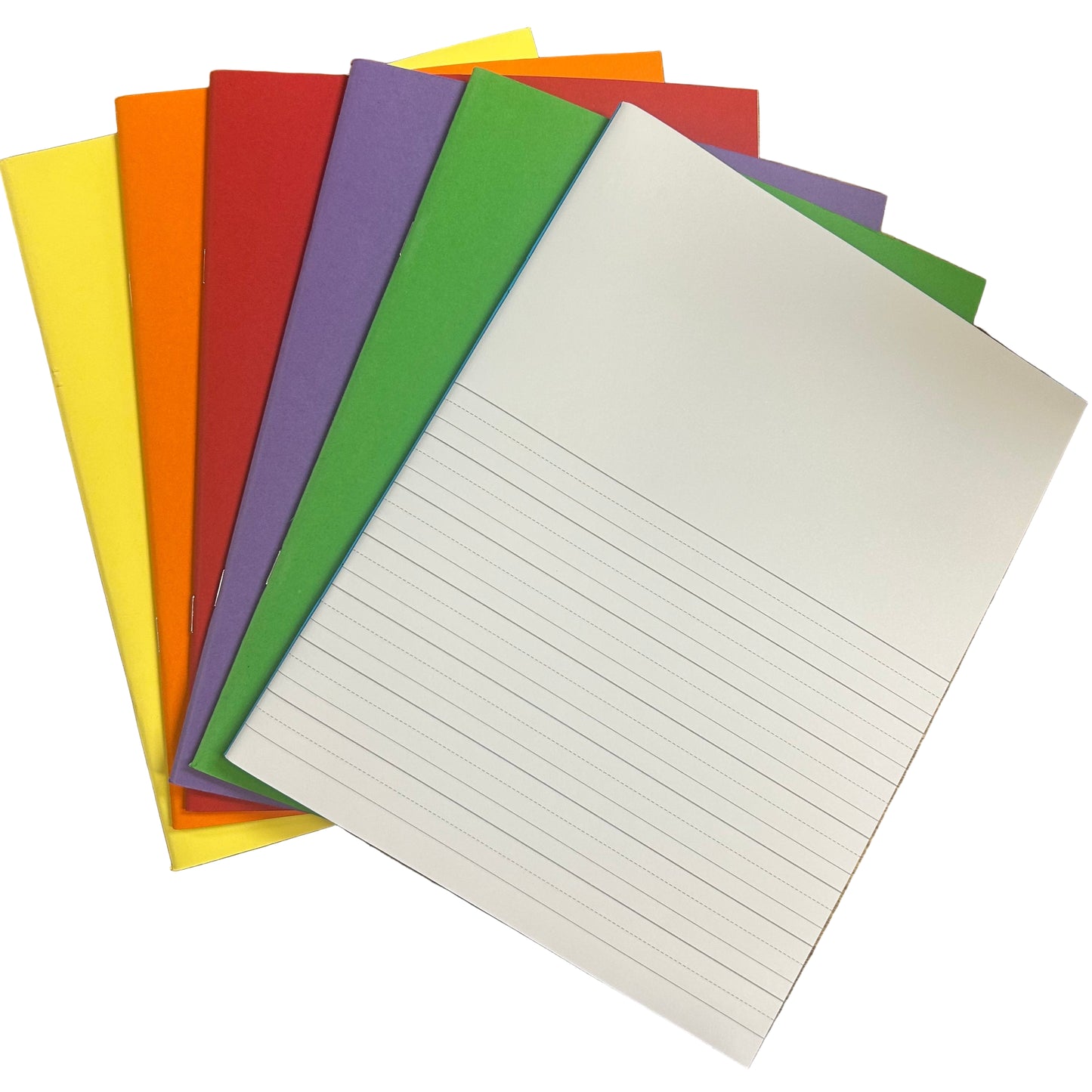 Colorful sheets of paper with lined and solid surfaces on a wooden surface