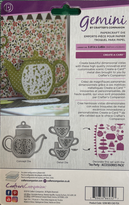 Packaging of Gemini by Crafter's Companion paper piecing die set with tea-themed design.