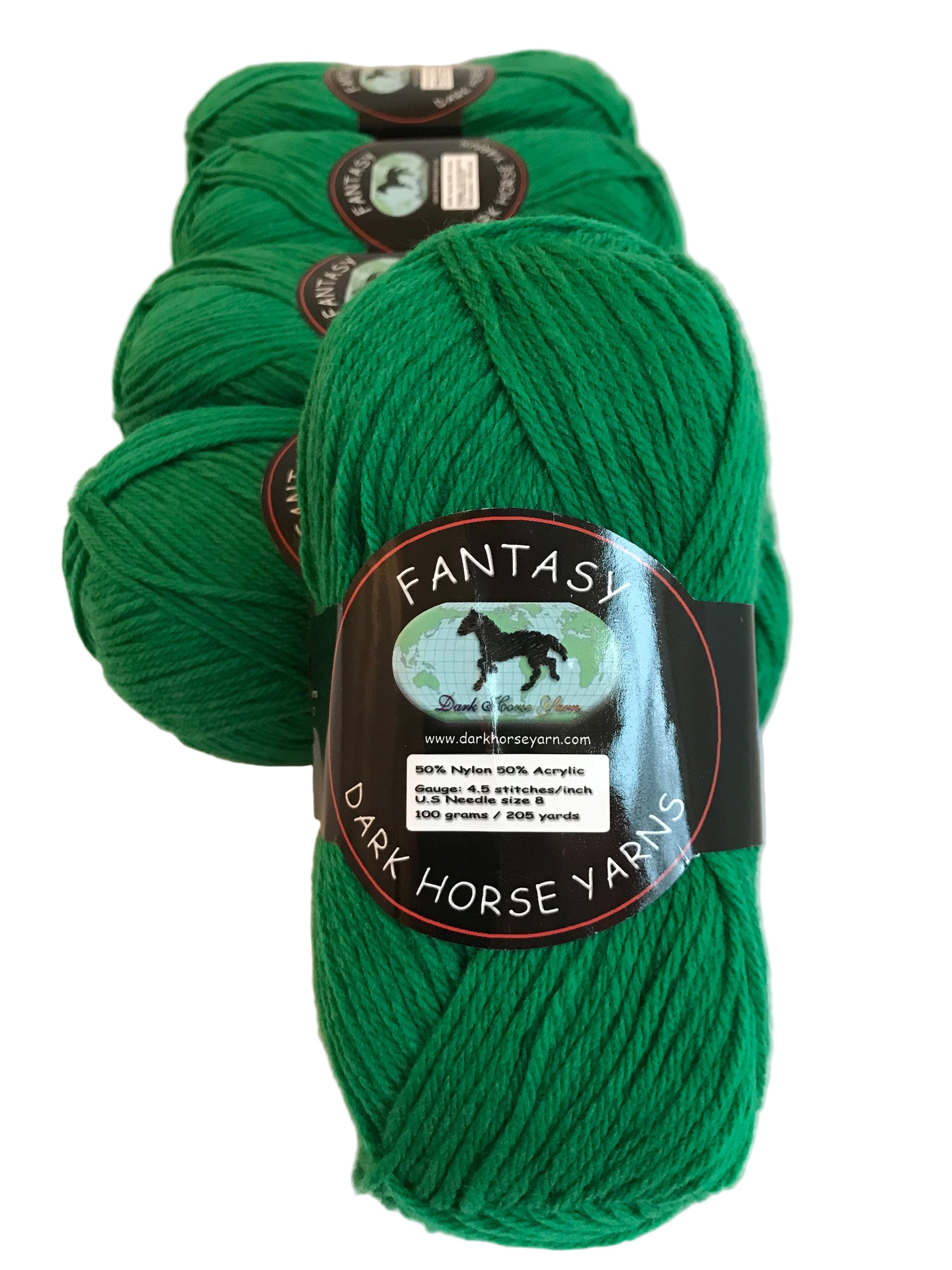 Green yarn skeins with 'Dark Horse Yarns' labels on a light background