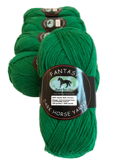Green yarn skeins with 'Dark Horse Yarns' labels on a light background