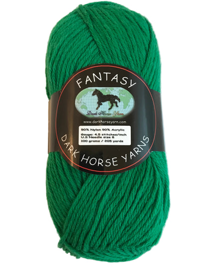 Green skein of yarn with a 'Dark Horse Yarns' label on a light background