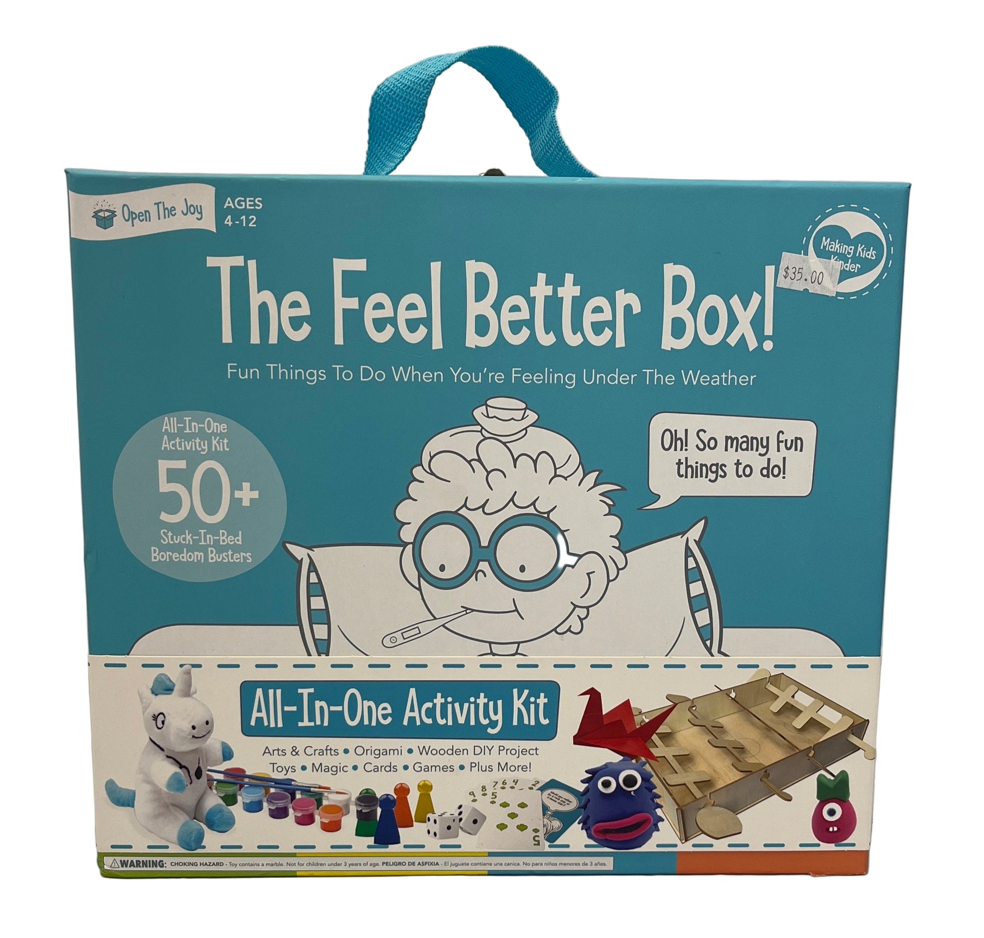 The Feel Better Box activity kit packaging with a cartoon character and various activities depicted.